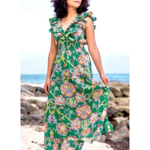 Caroline Constas Dresses & Skirts - Caroline Constas Green Floral Paisley Ruffle Tiered Maxi Dress Smocked Waist NWT